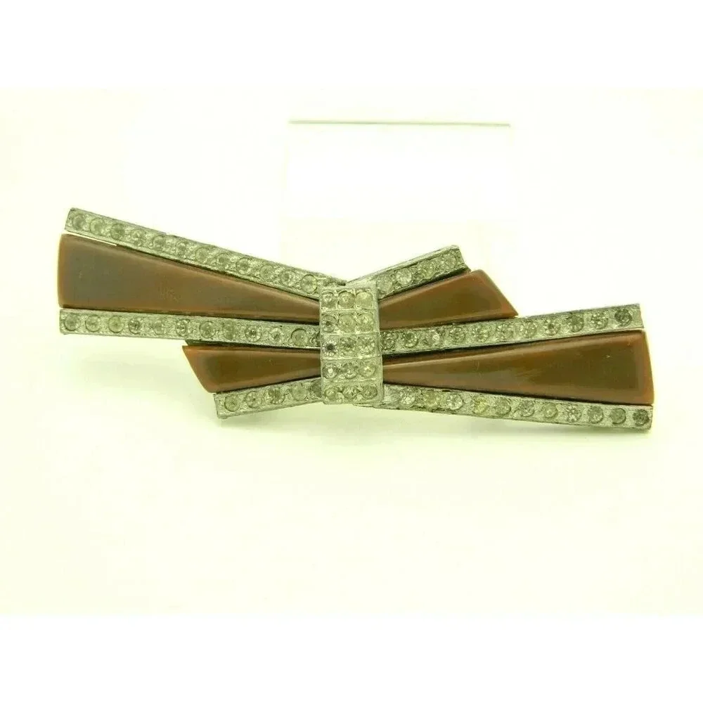 Art Deco Brown Celluloid Clear Rhinestone Belt Buc